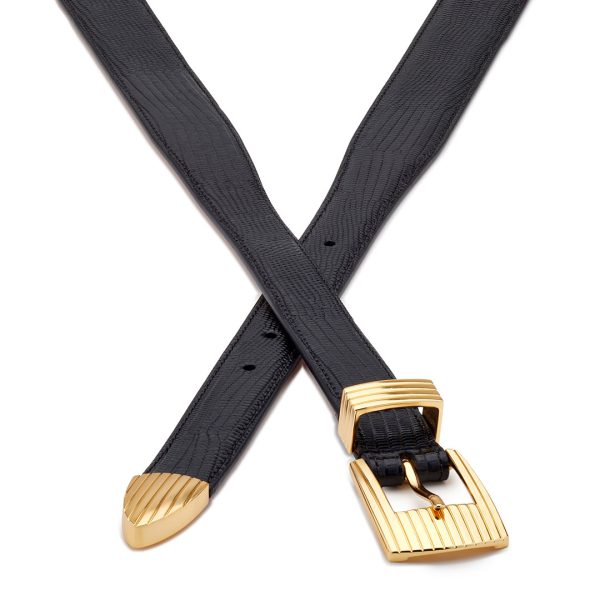 Golden buckle rodeo luxury belt, black lizard-effect embossed leather, crossed