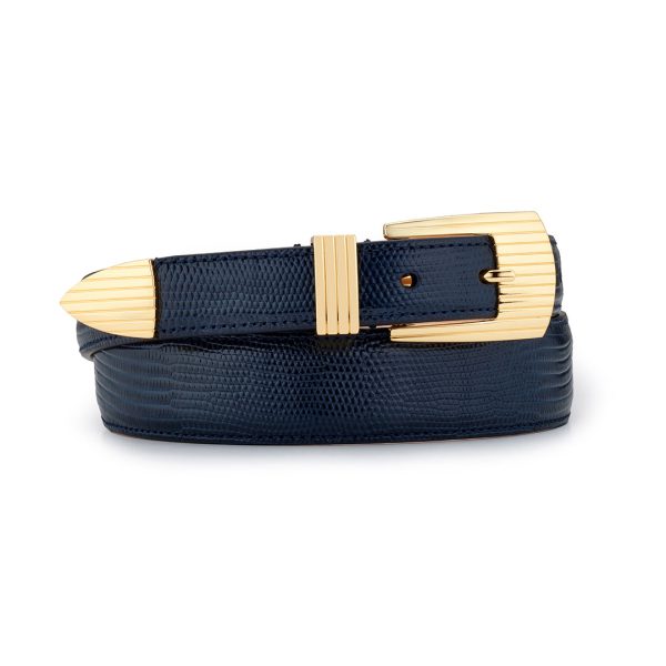 Golden buckle rodeo luxury belt, navy lizard-effect embossed leather, rolled