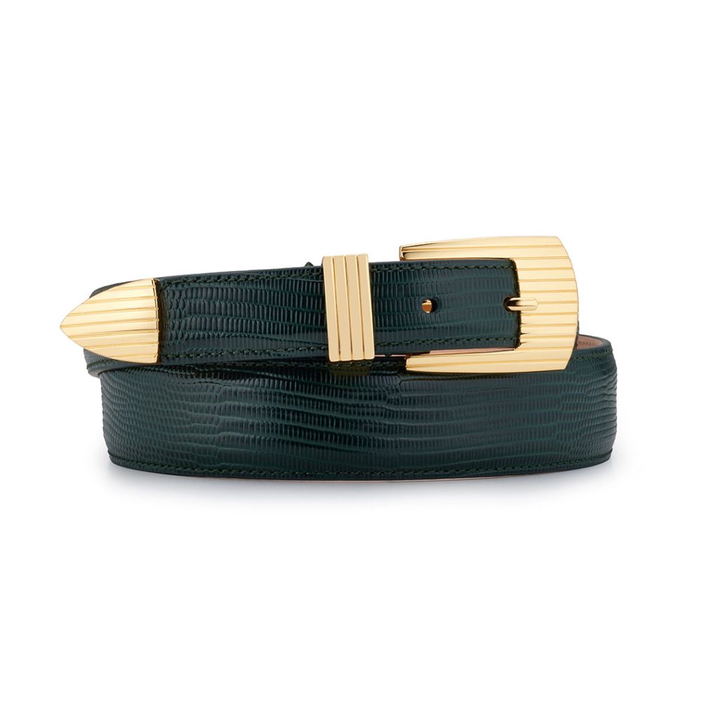 Golden buckle rodeo luxury belt, green lizard-effect embossed leather, rolled