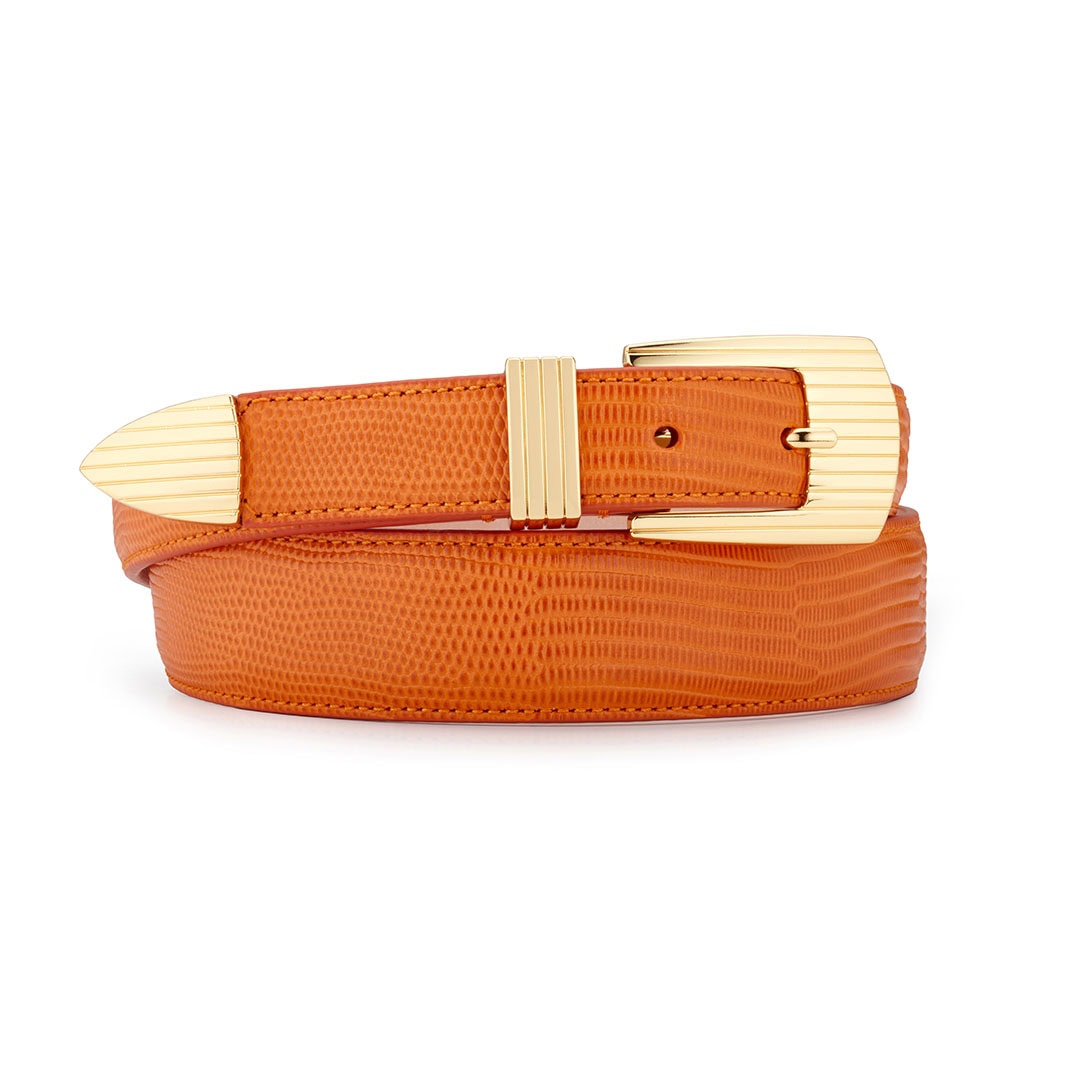 Golden buckle rodeo luxury belt, orange lizard-effect embossed leather, rolled